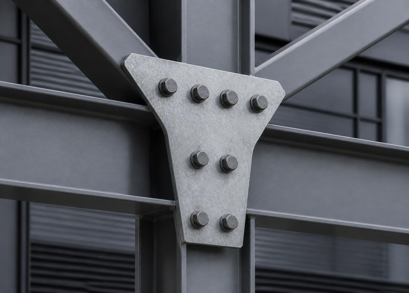 Galvanized gusset plate with high strength bolts on a steel frame