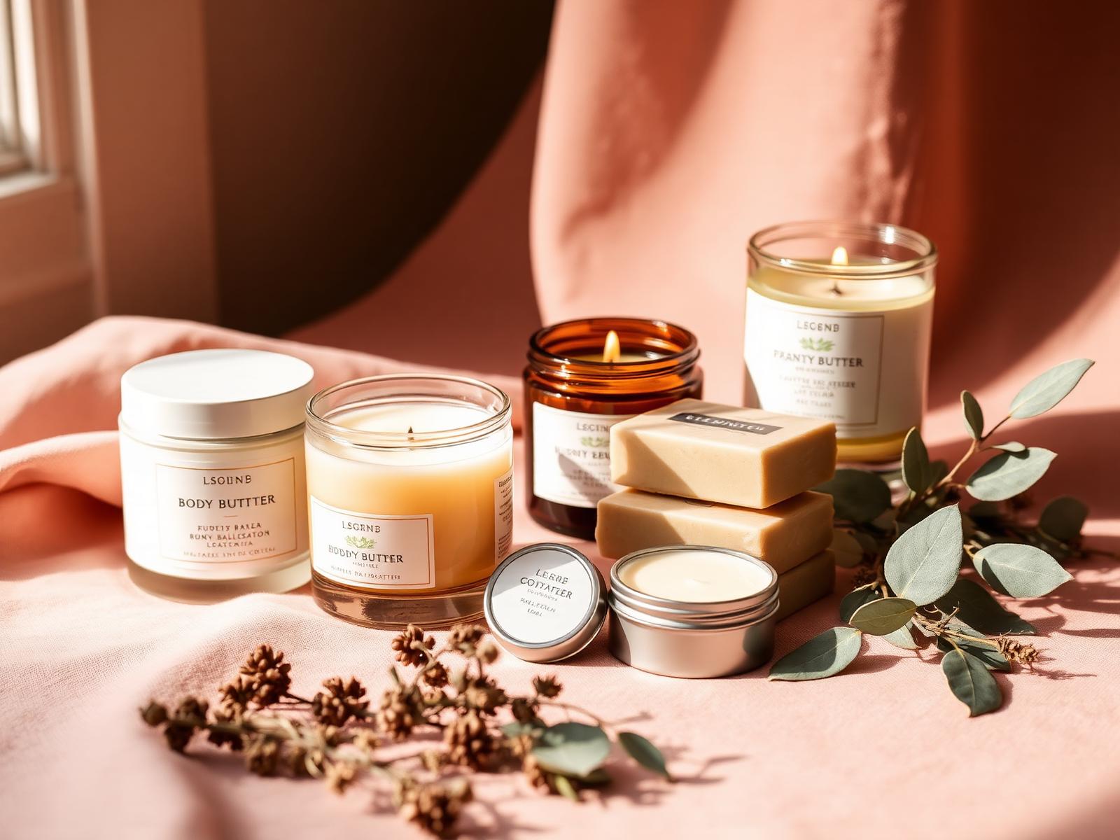 Curated selection of natural body butter, candles, soap and lip balm